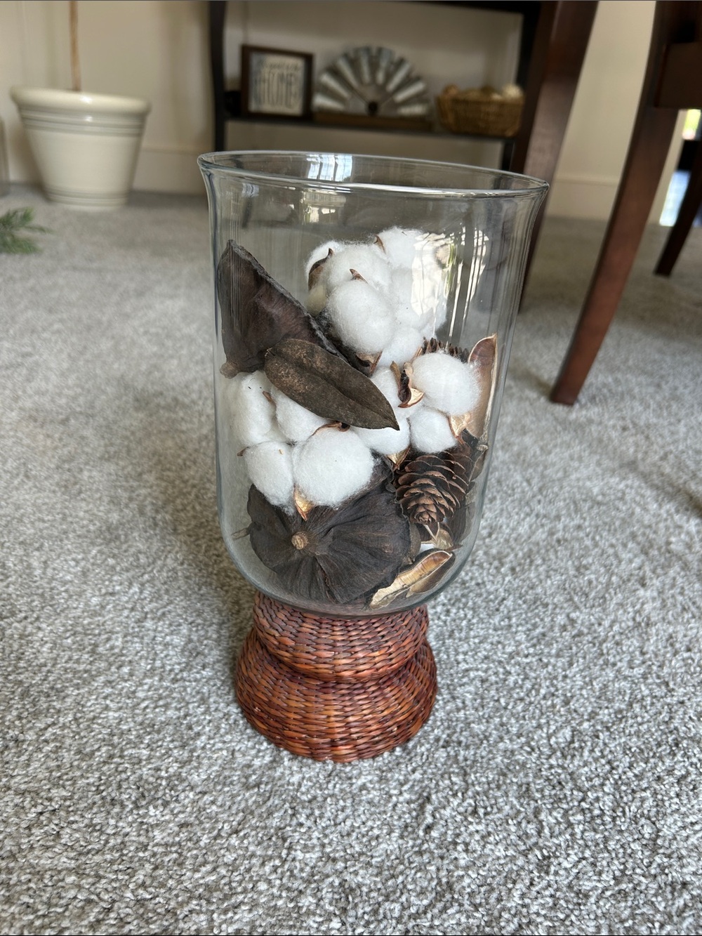 Clear Glass Decorative Hurricane Vase with White Cotton & Brown Woven Base